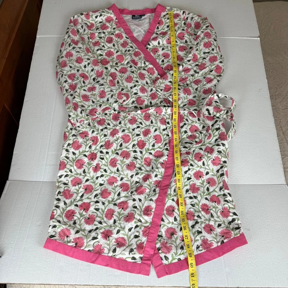 Madison Mathews One Size Floral Print Robe Kimono Pink White Green Cotton‎